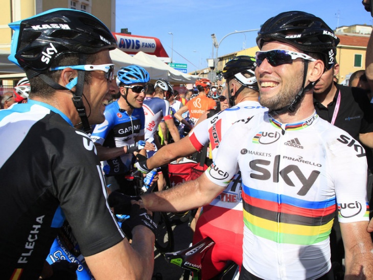 Cavendish and Juan Antonio Flecha celebrate after the line / photo:TEAM SKY
