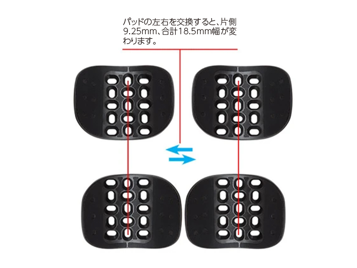 パッドの左右入れ替えで合計18.5mmの幅の変更が可能。